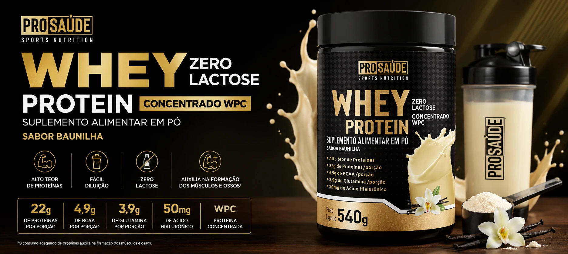 Whey Protein Concentrado Zero Lactose sabor Baunilha ProSaúde