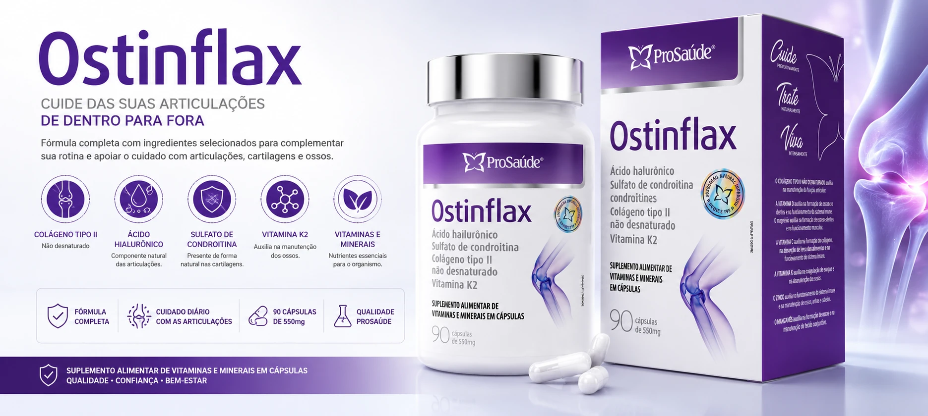 OstinFlax: Colágeno Tipo II, Ácido Hialurônico e MSM para complementar o cuidado das articulações