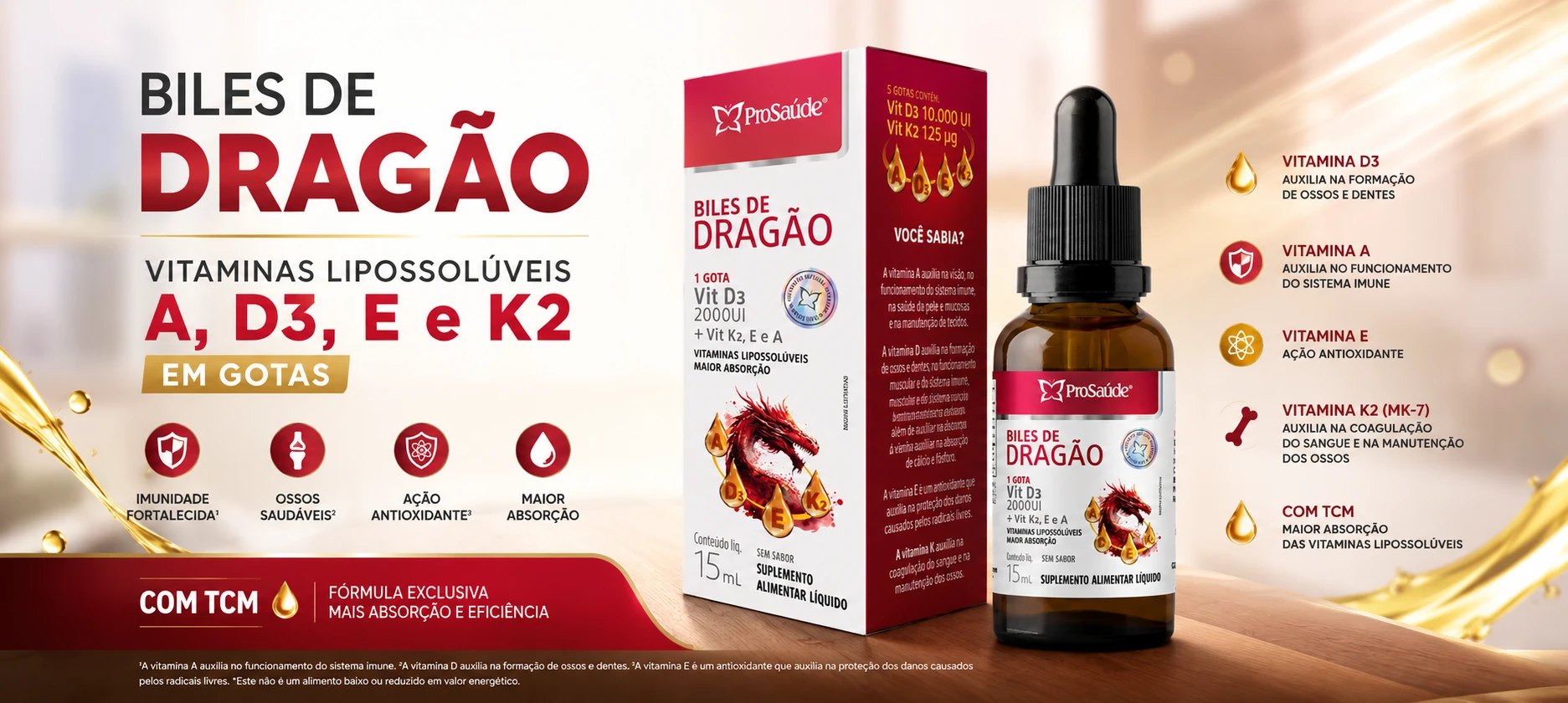 Biles de Dragão: Vitaminas A, D3, E e K2 em gotas com TCM