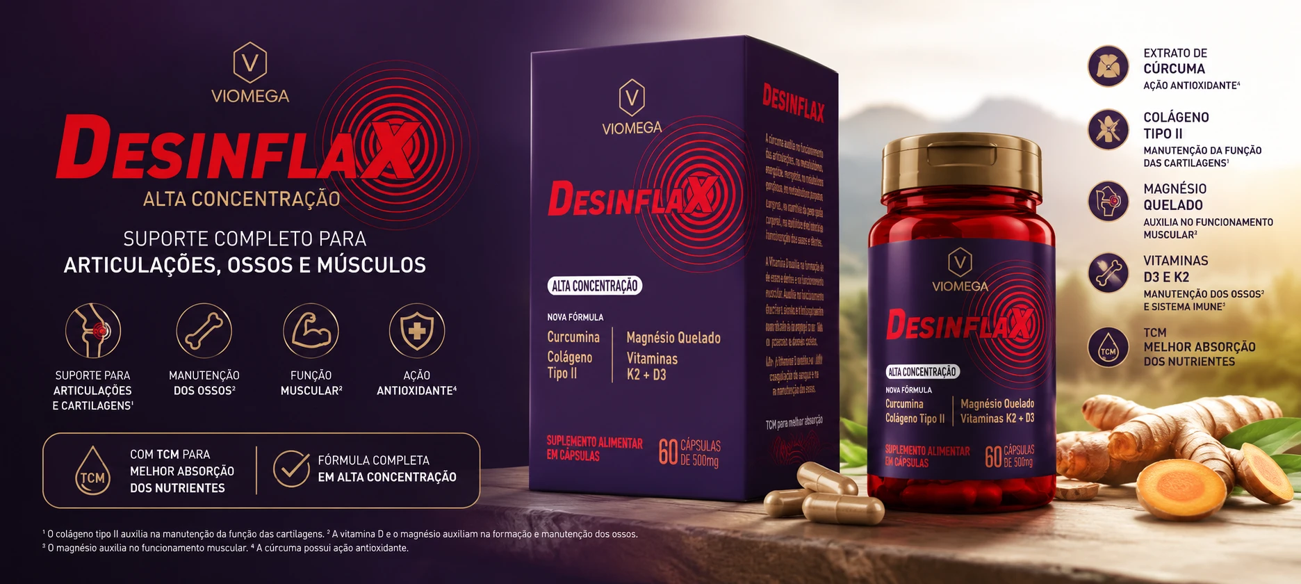 Desinflax: Cúrcuma, Colágeno Tipo II, Magnésio, Vitamina D3 e K2 para articulações