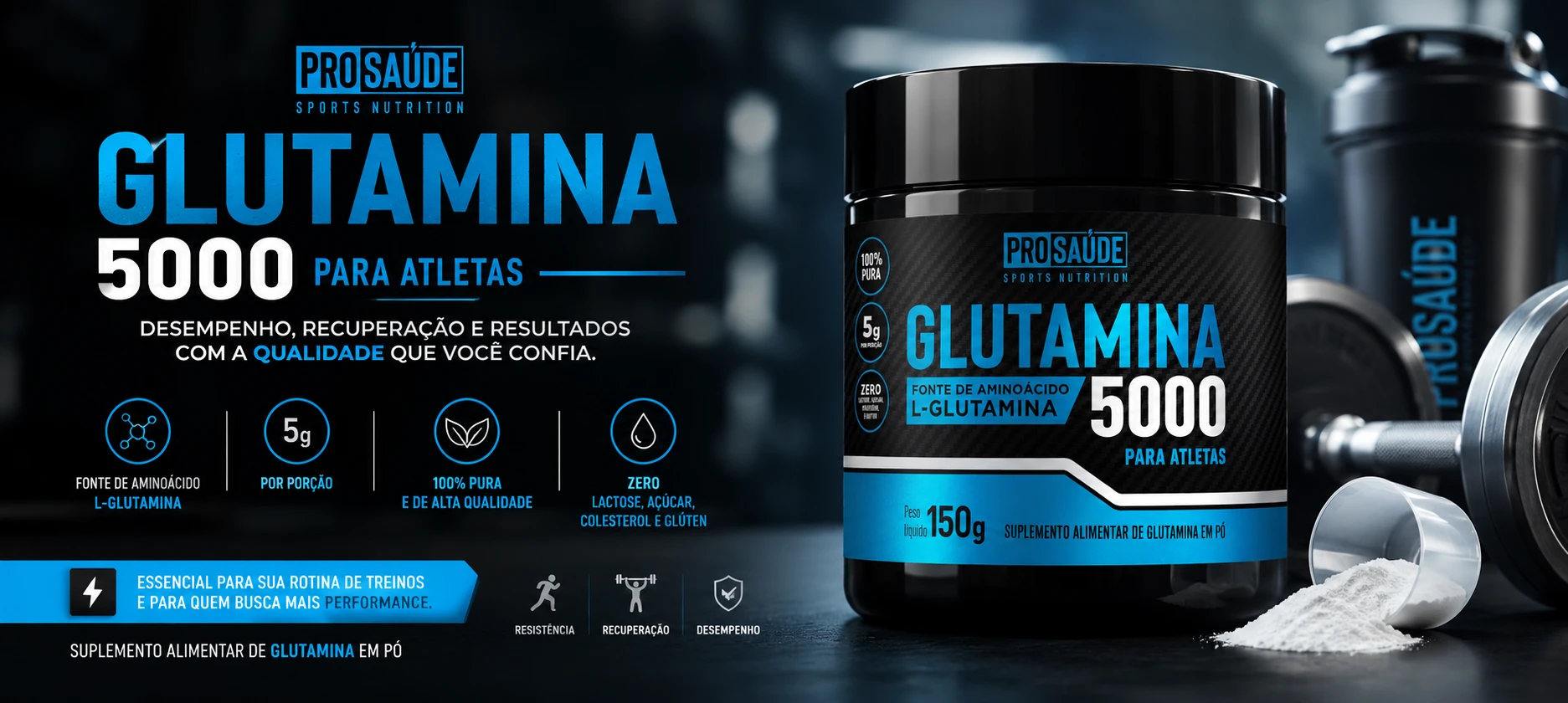 Glutamina 150g ProSaúde: L-Glutamina 100% pura para saúde digestiva e suplementação