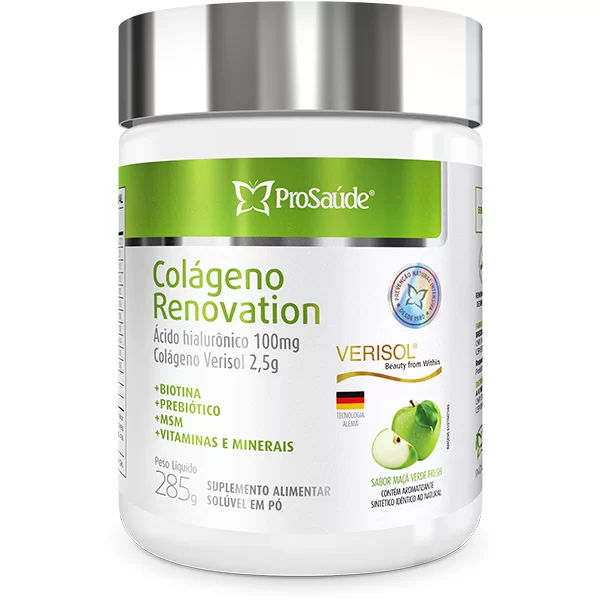 Colageno Renovation - Colágeno hidrolisado + Verisol + ácido hialuronico + Fibras Prebioticas + vitaminas e minerais - Sabor Maçã Verde