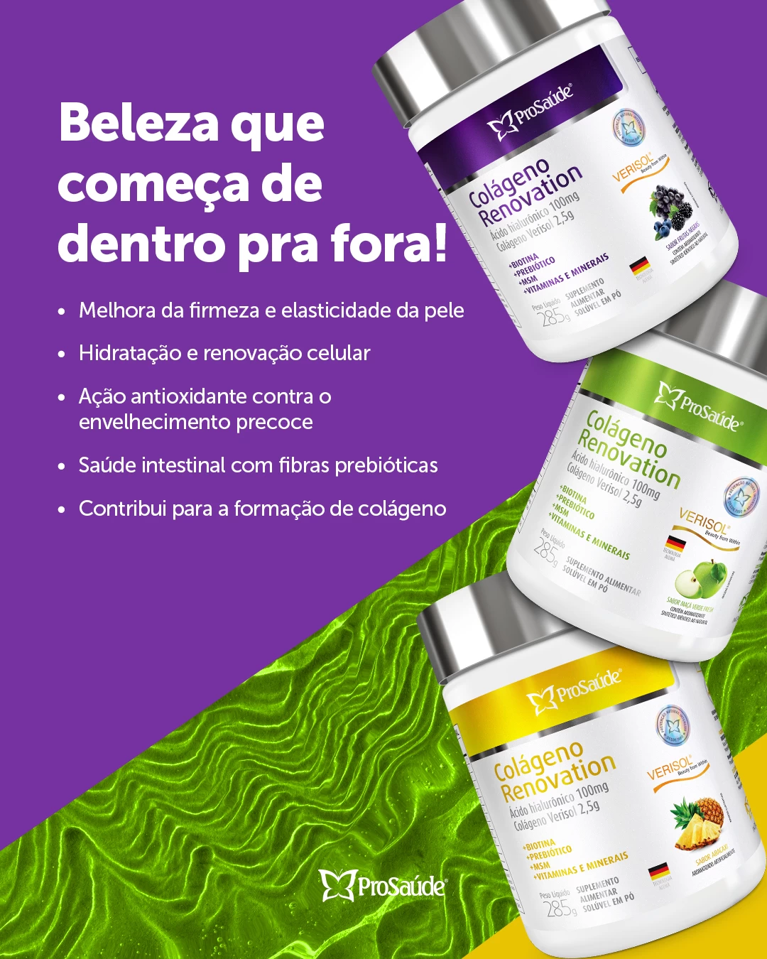 Colageno Renovation - Colágeno hidrolisado + Verisol + ácido hialuronico + Fibras Prebioticas + vitaminas e minerais - Sabor Maçã Verde