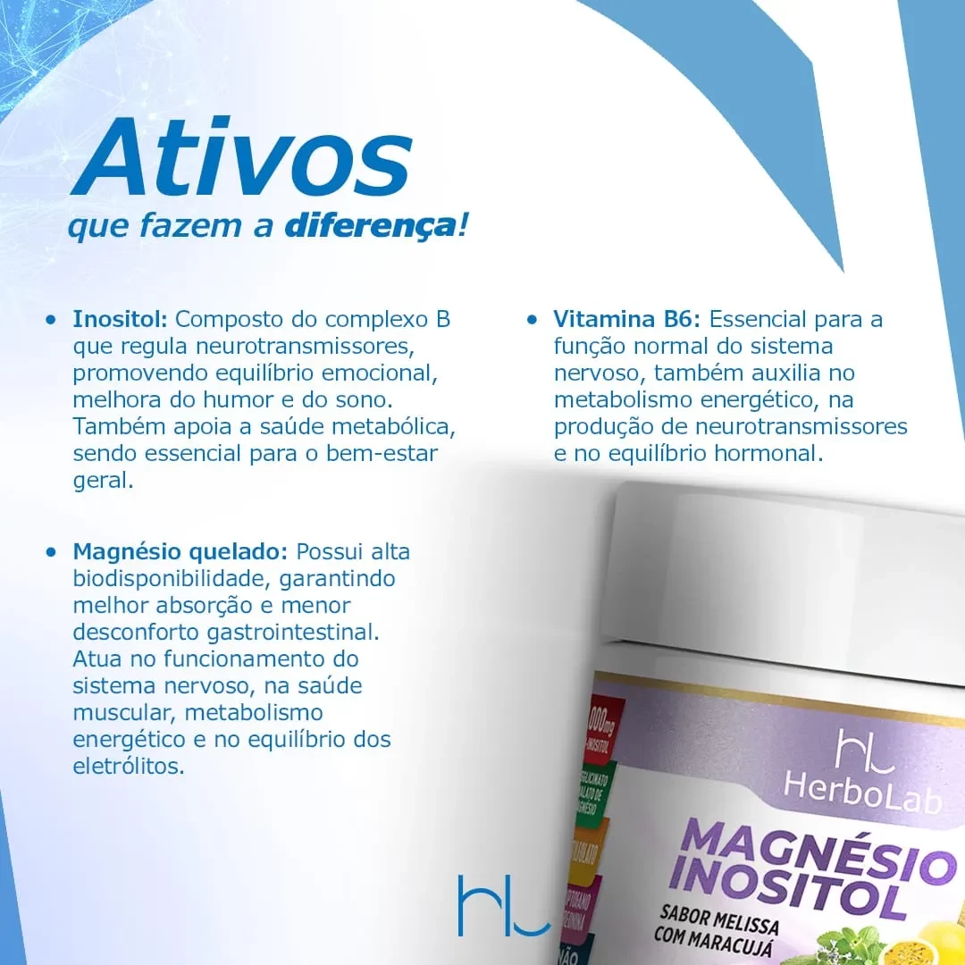 Magnésio Inositol + Treonina + Triptofano + Vitaminas B6 e B9 - Sabor Melissa com Maracujá