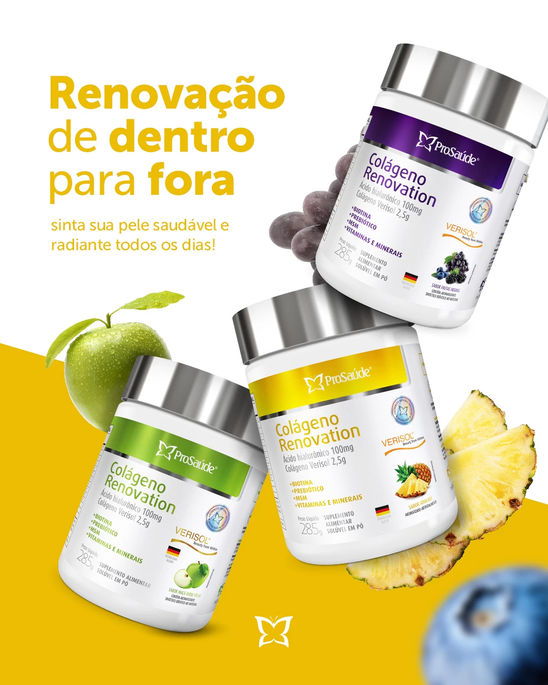 Colageno Renovation - Colágeno hidrolisado + Verisol + ácido hialuronico + Fibras Prebioticas + vitaminas e minerais - Sabor Abacaxi